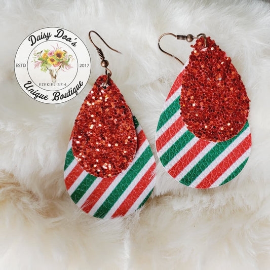 Red Green Striped Teardrop Earrings
